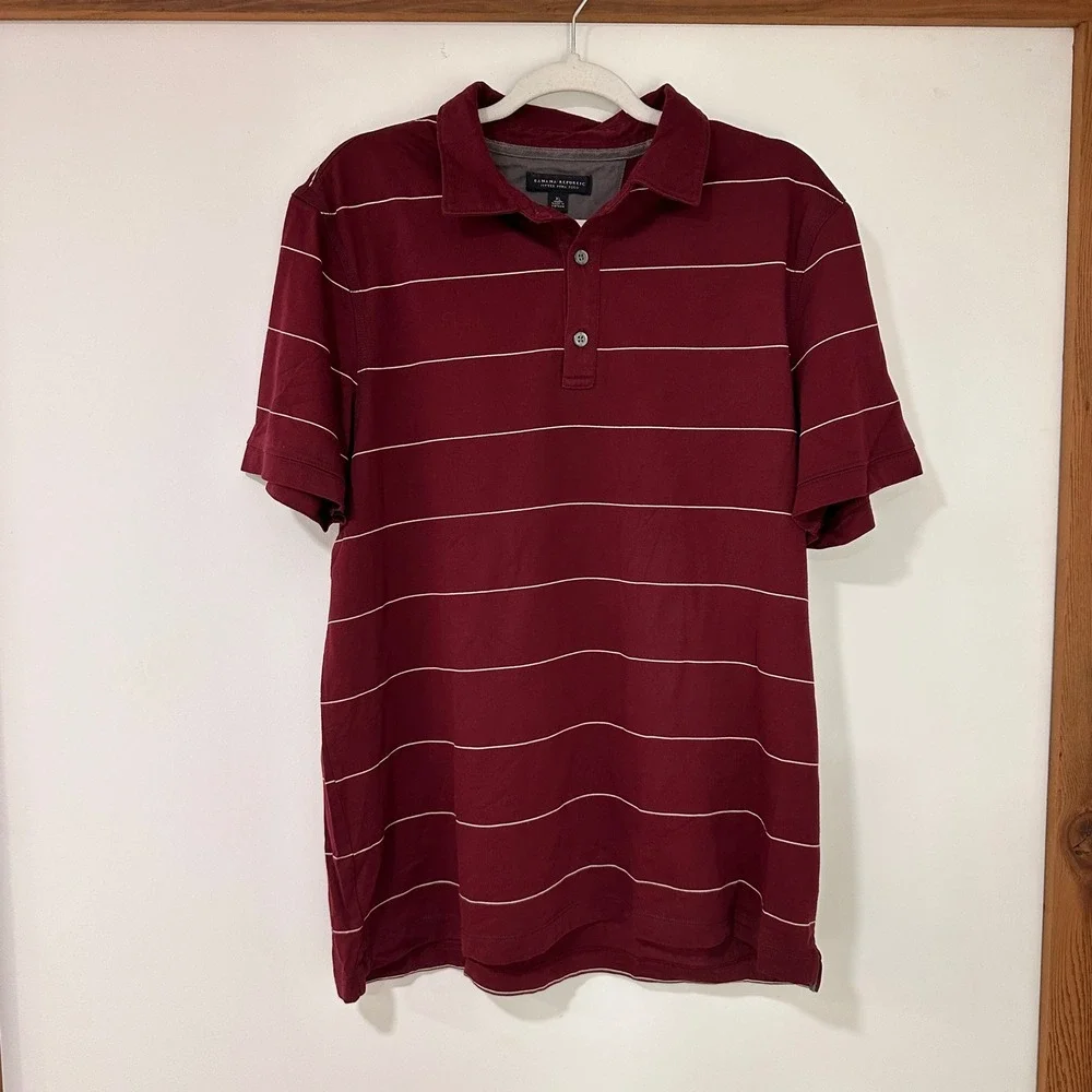 Banana Republic‎ Fitted Pima Polo Mens XL Burgundy White Stripe | Preppy Classic